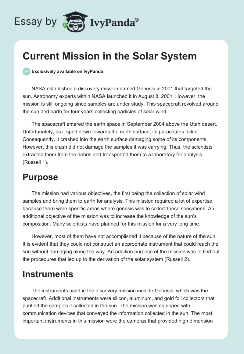 Current Mission in the Solar System. Page 1
