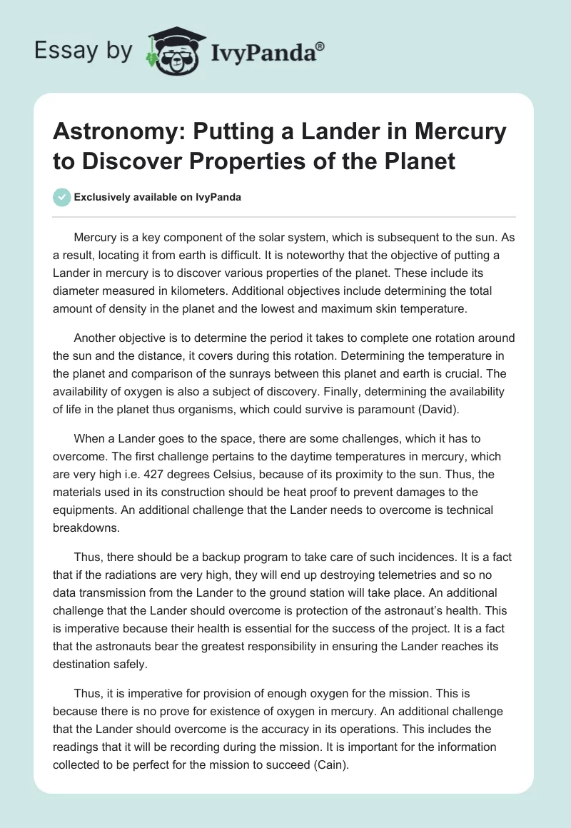Astronomy: Putting a Lander in Mercury to Discover Properties of the Planet. Page 1