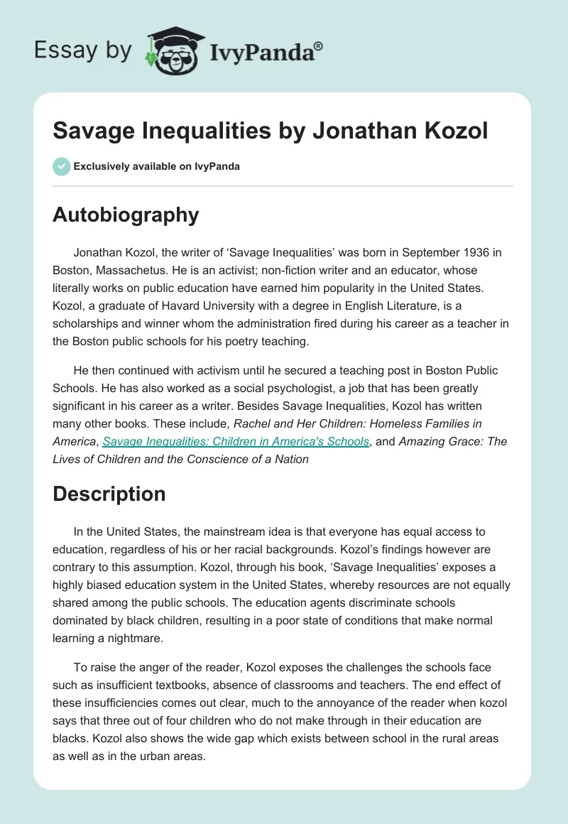 Savage Inequalities by Jonathan Kozol. Page 1