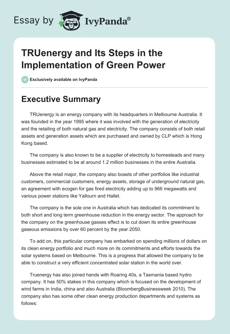 TRUenergy and Its Steps in the Implementation of Green Power. Page 1