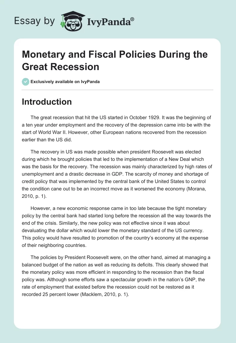 Monetary and Fiscal Policies During the Great Recession. Page 1