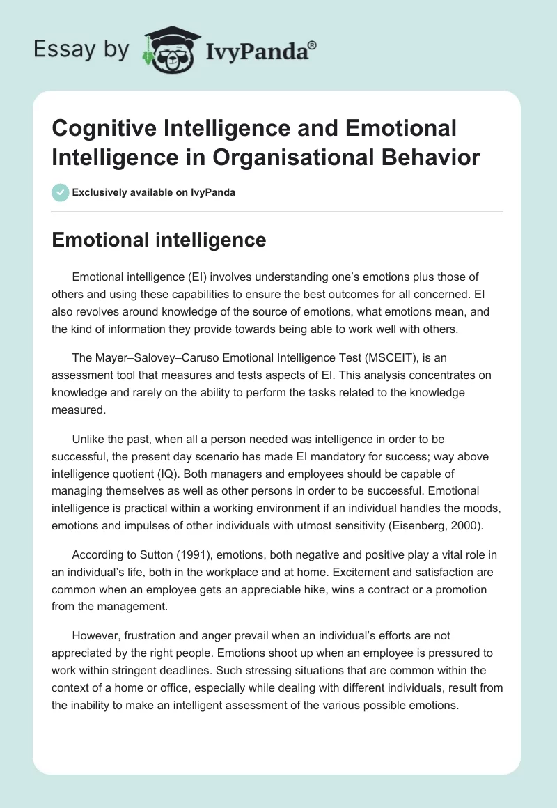 Cognitive Intelligence and Emotional Intelligence in Organisational Behavior. Page 1