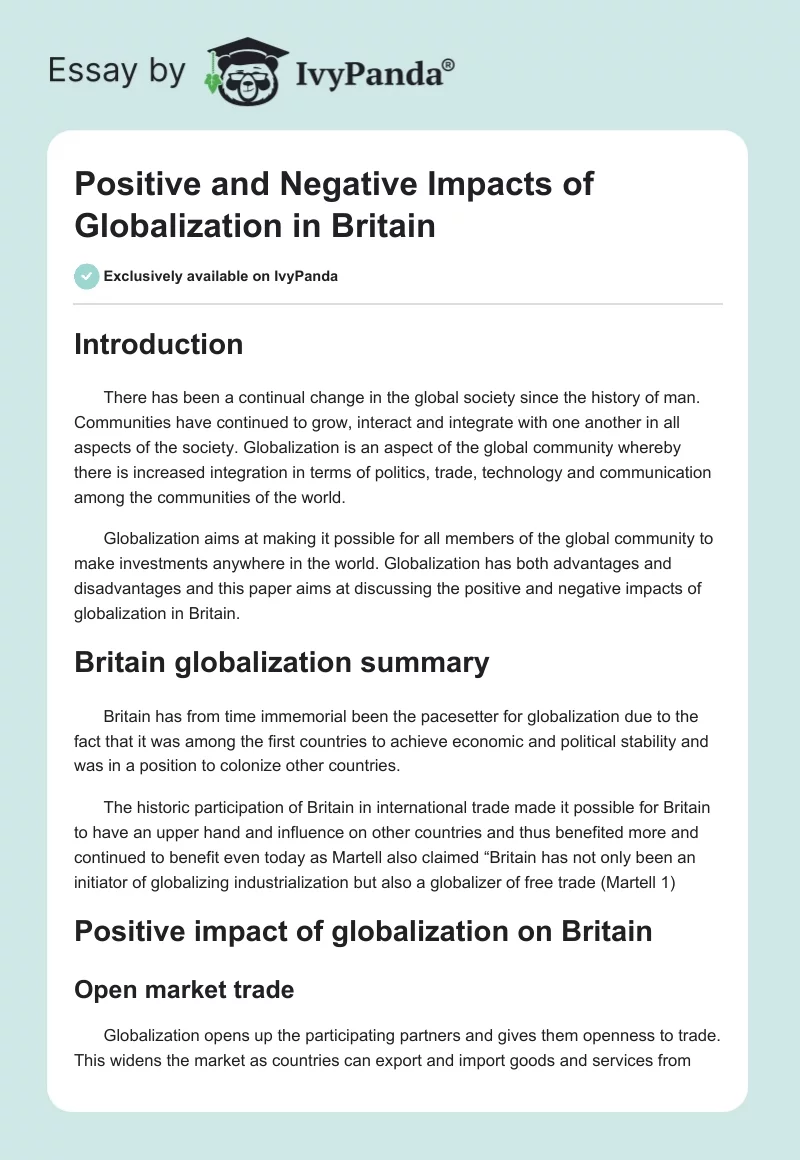 Positive and Negative Impacts of Globalization in Britain. Page 1