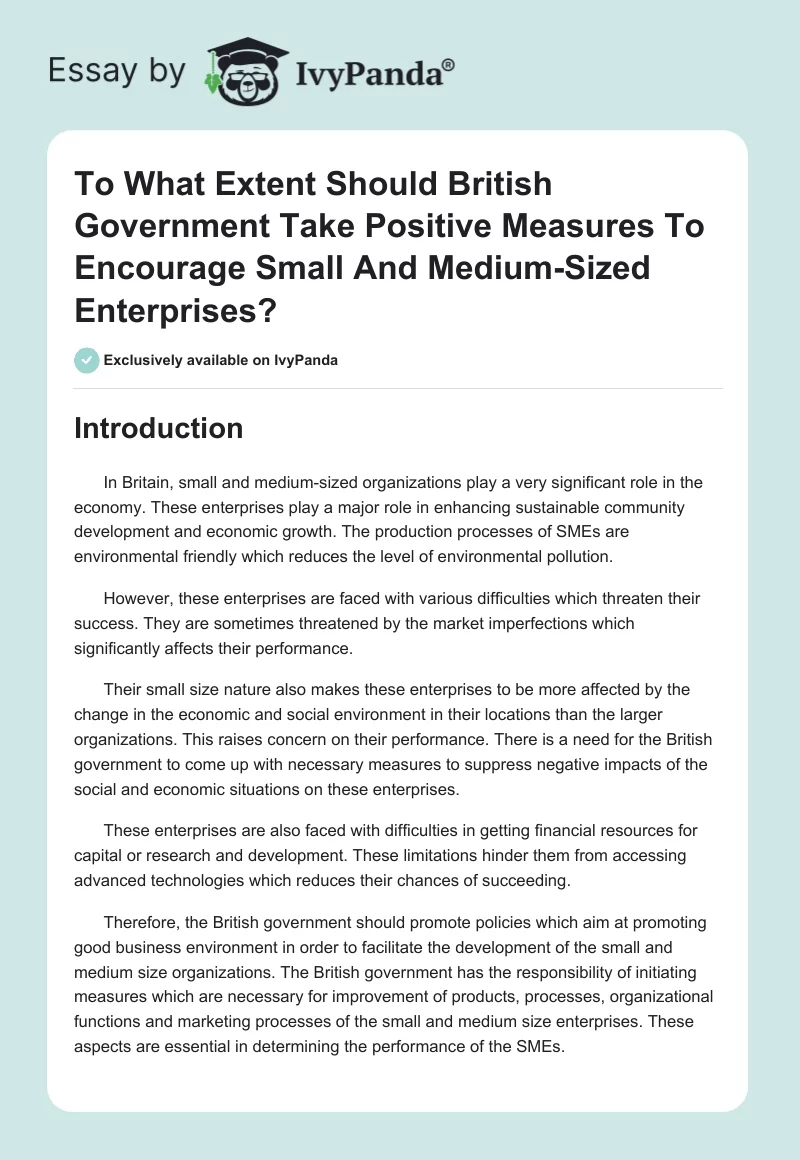 To What Extent Should British Government Take Positive Measures To Encourage Small And Medium-Sized Enterprises?. Page 1
