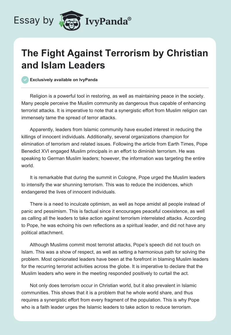 The Fight Against Terrorism by Christian and Islam Leaders. Page 1