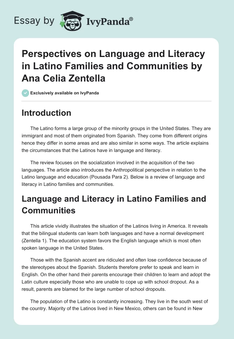 "Perspectives on Language and Literacy in Latino Families and Communities" by Ana Celia Zentella. Page 1