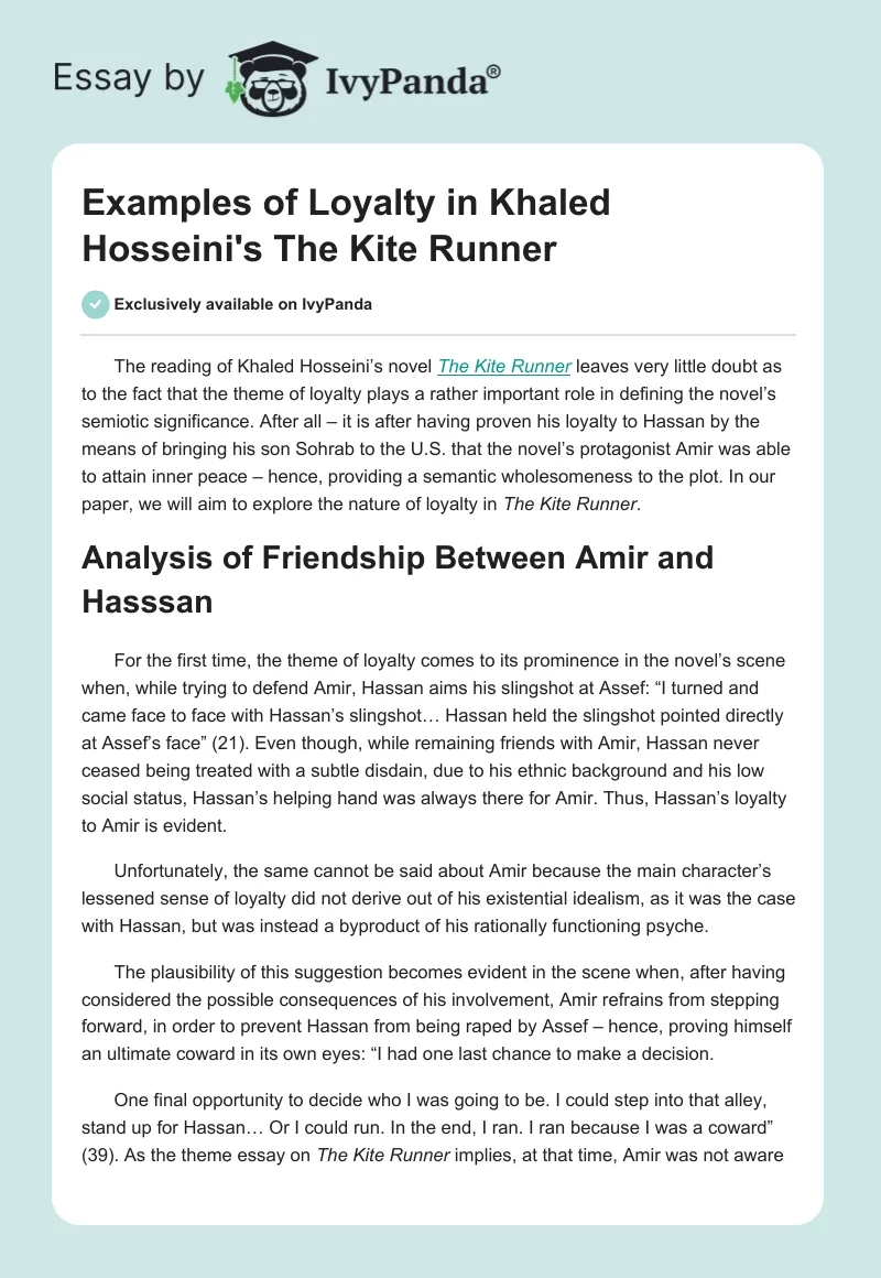 Examples of Loyalty in Khaled Hosseini's "The Kite Runner". Page 1