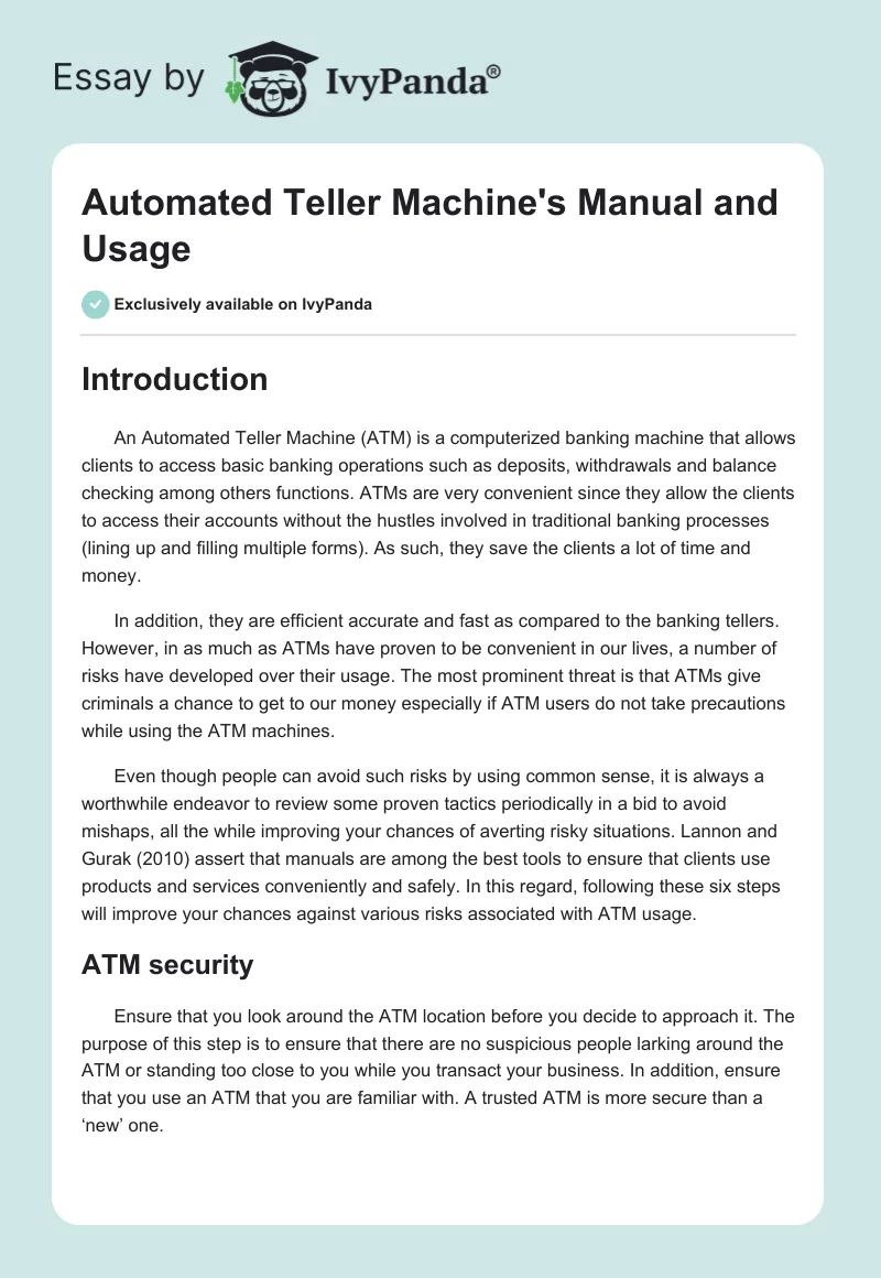 Automated Teller Machine's Manual and Usage. Page 1
