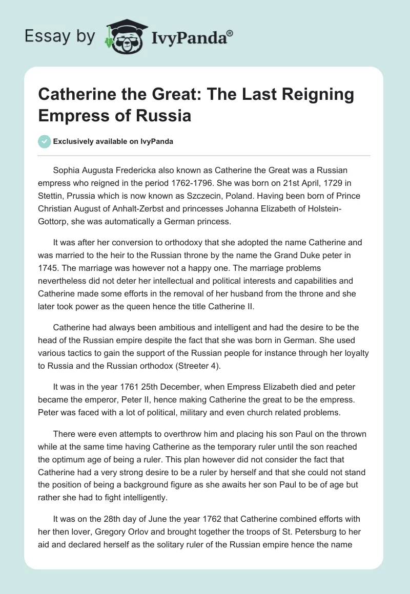 Catherine the Great: The Last Reigning Empress of Russia. Page 1