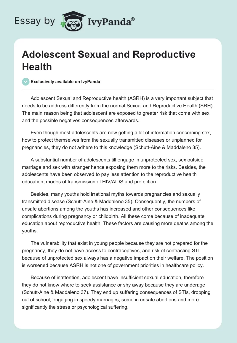 Adolescent Sexual and Reproductive Health. Page 1