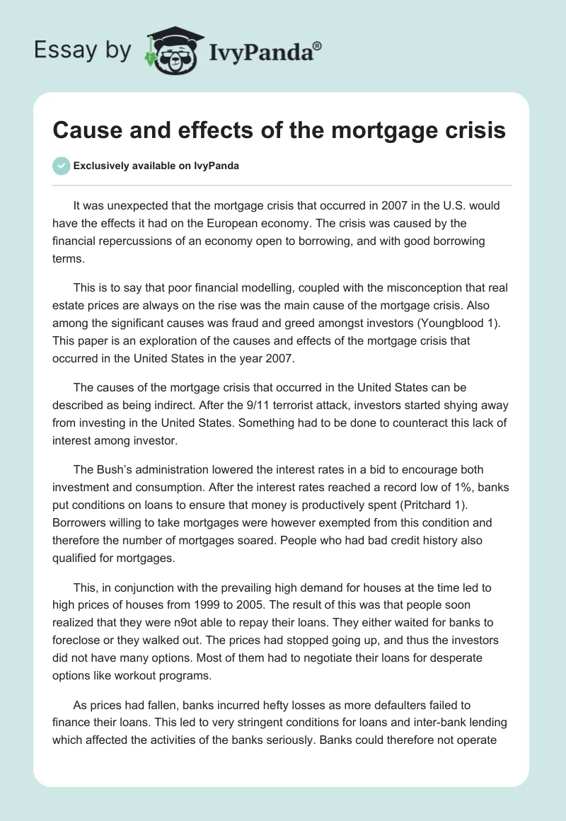 Cause and effects of the mortgage crisis. Page 1