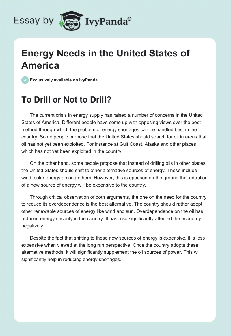 Energy Needs in the United States of America. Page 1