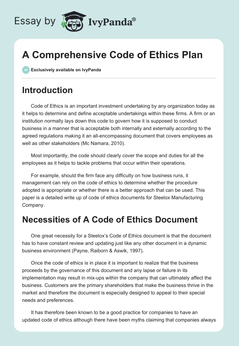 A Comprehensive Code of Ethics Plan. Page 1