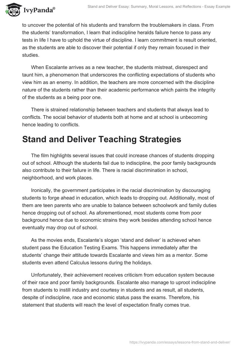 Stand and Deliver Essay: Summary, Moral Lessons, and Reflections - Essay Example. Page 2