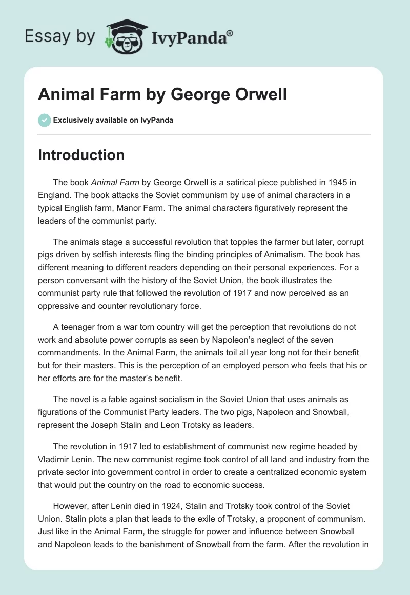 "Animal Farm" by George Orwell. Page 1