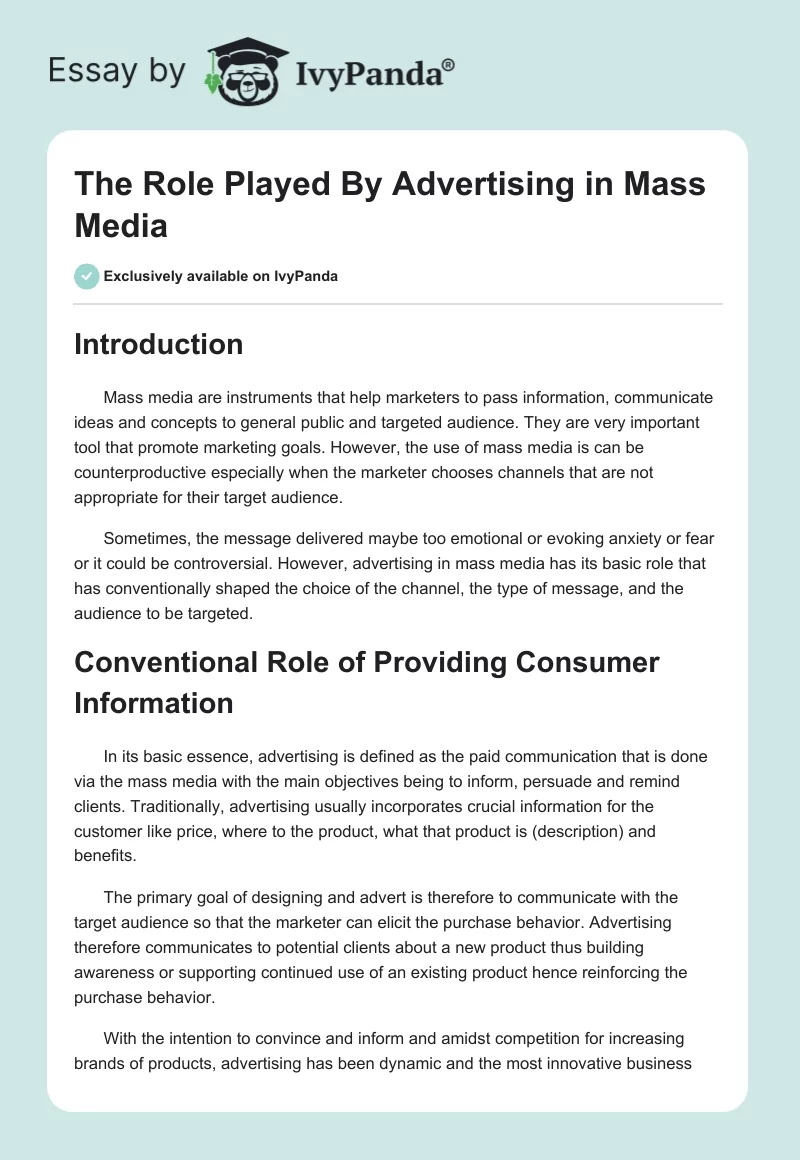 The Role Played By Advertising in Mass Media. Page 1