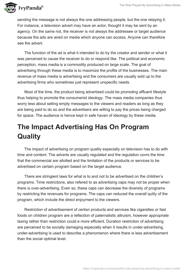The Role Played By Advertising in Mass Media. Page 4
