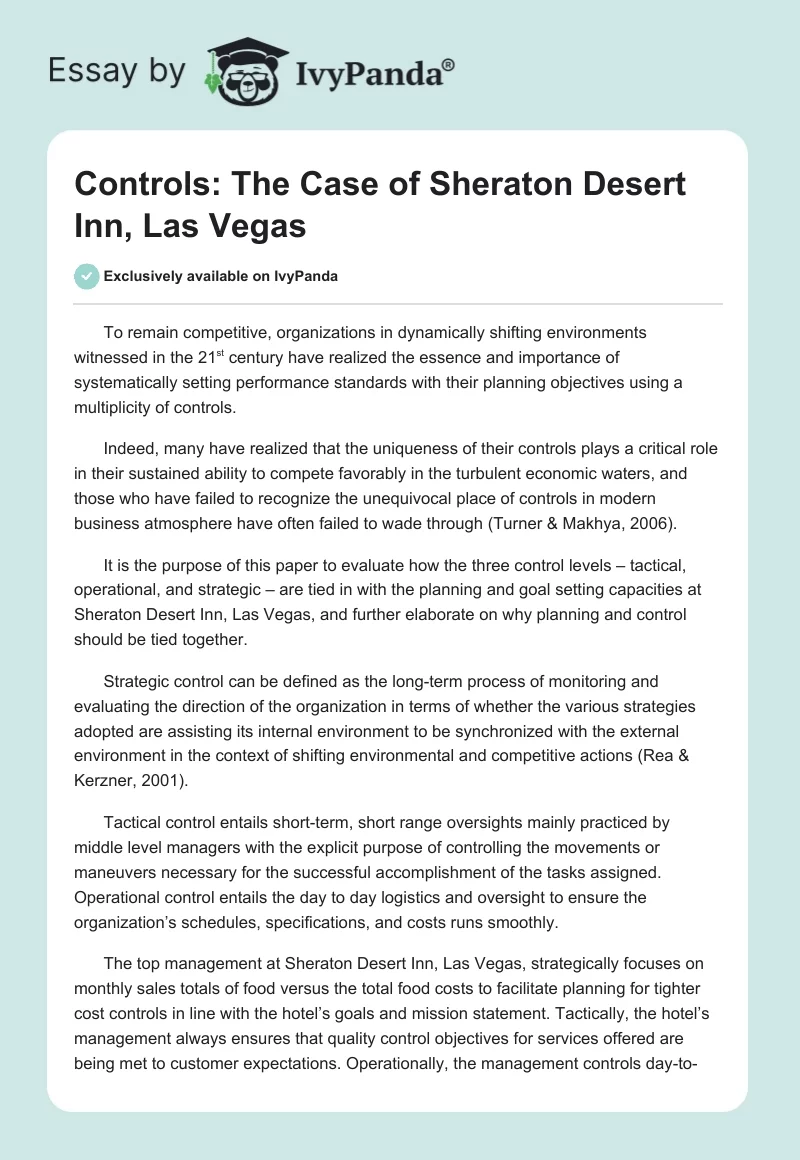 Controls: The Case of Sheraton Desert Inn, Las Vegas. Page 1