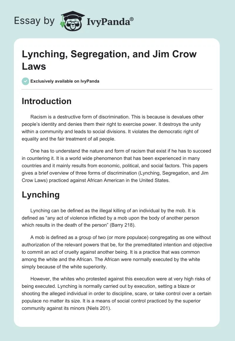 Lynching, Segregation, and Jim Crow Laws. Page 1