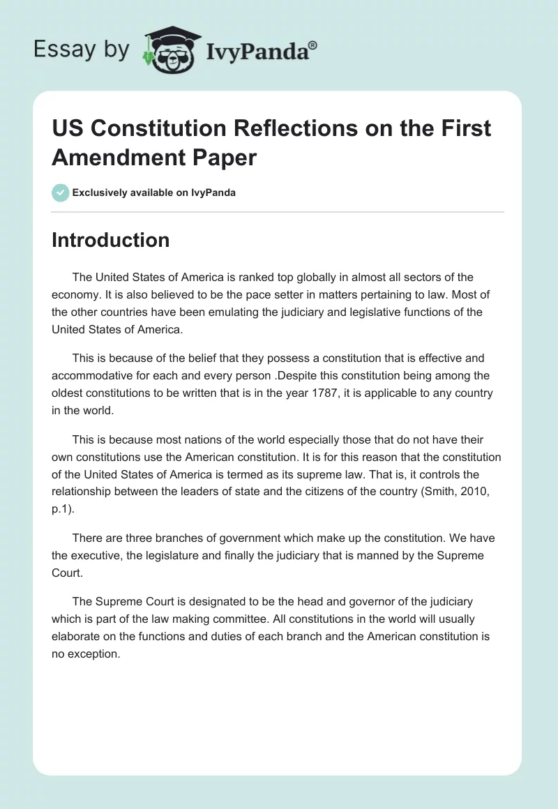 US Constitution Reflections on the First Amendment Paper. Page 1