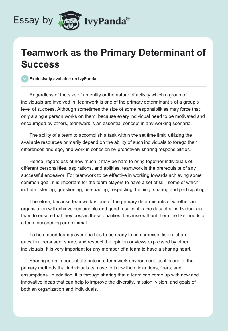 Teamwork as the Primary Determinant of Success. Page 1