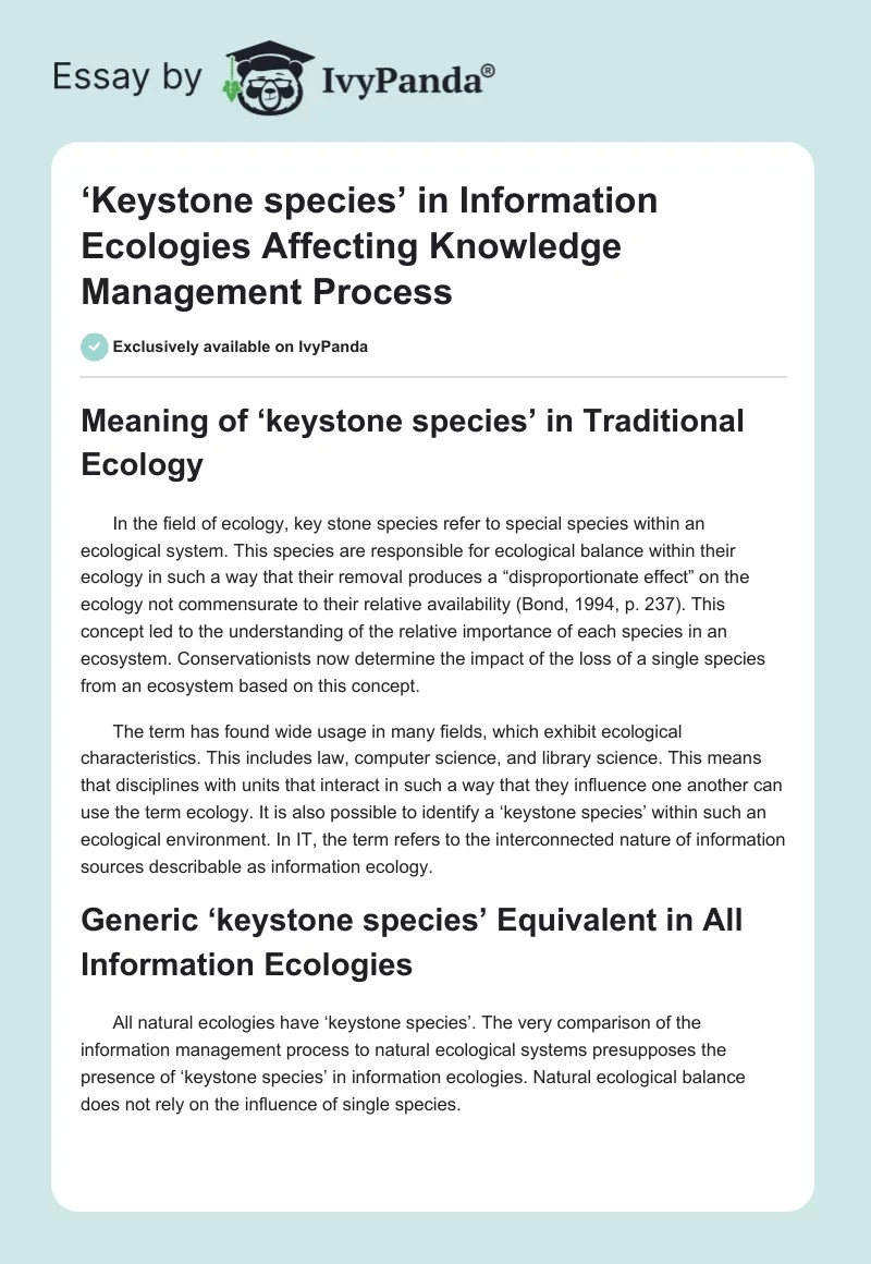 ‘Keystone species’ in Information Ecologies Affecting Knowledge Management Process. Page 1