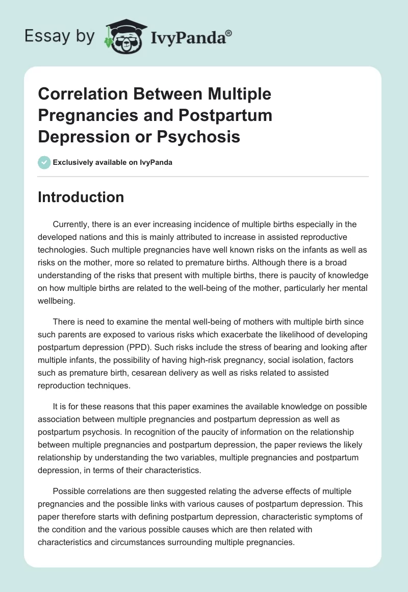 Correlation Between Multiple Pregnancies and Postpartum Depression or Psychosis. Page 1