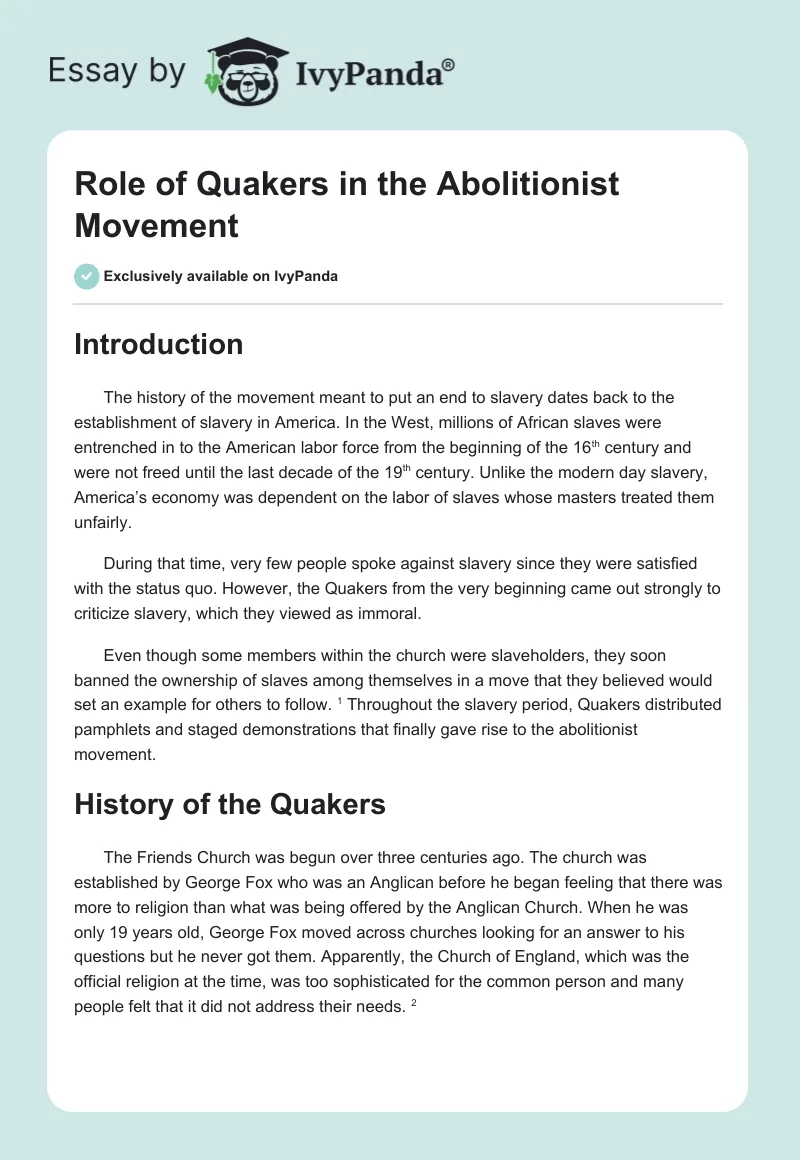 Role of Quakers in the Abolitionist Movement. Page 1