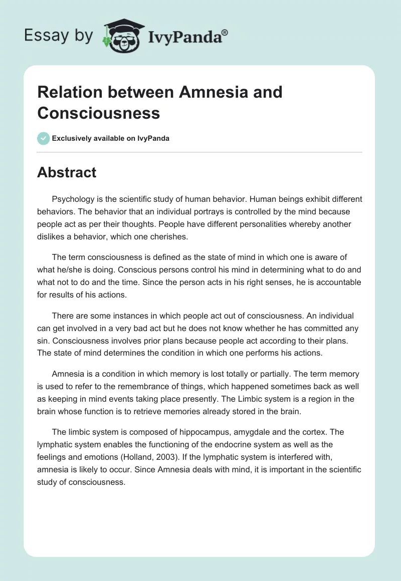 Relation Between Amnesia and Consciousness. Page 1