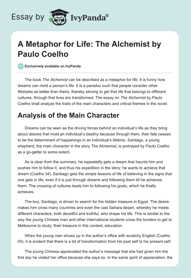 A Metaphor for Life: "The Alchemist" by Paulo Coelho. Page 1