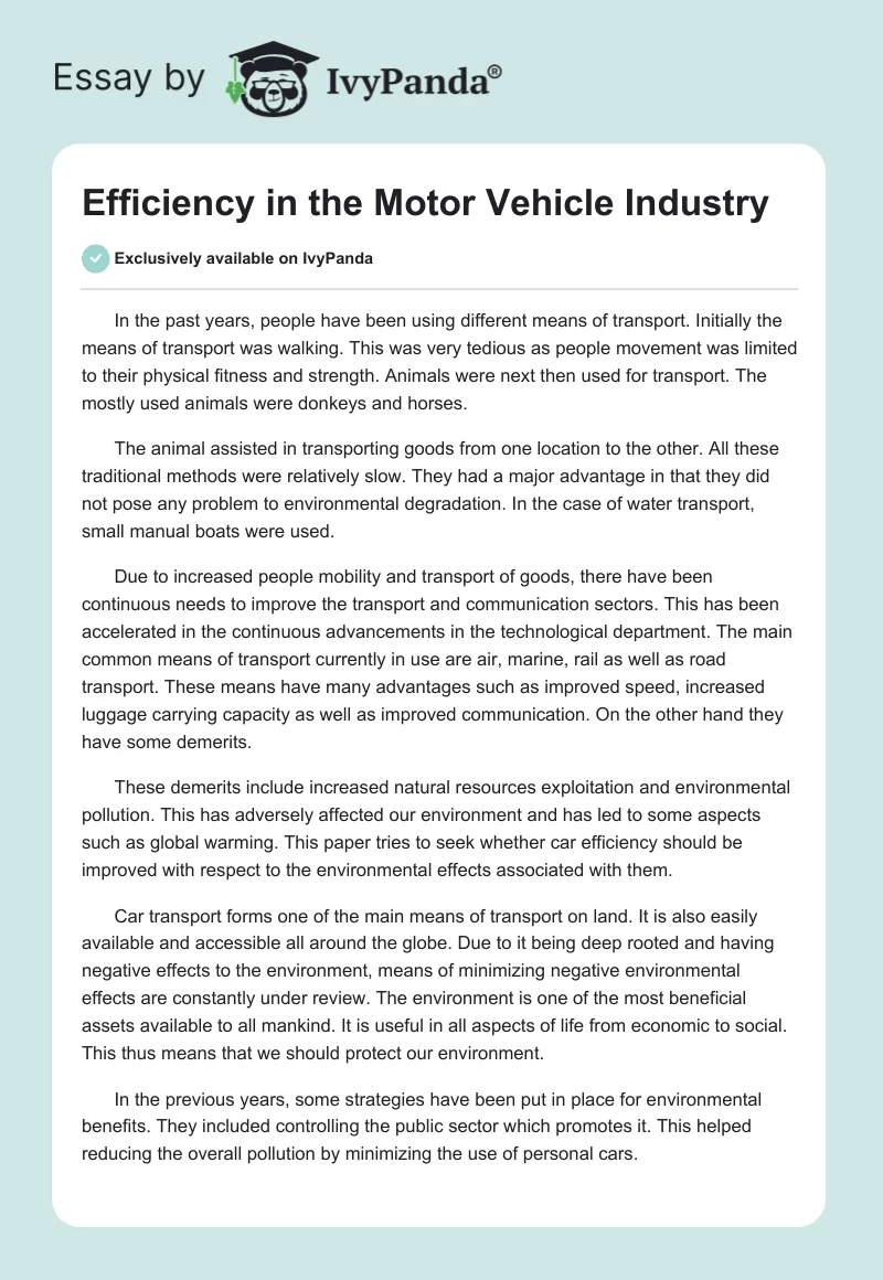 Efficiency in the Motor Vehicle Industry. Page 1