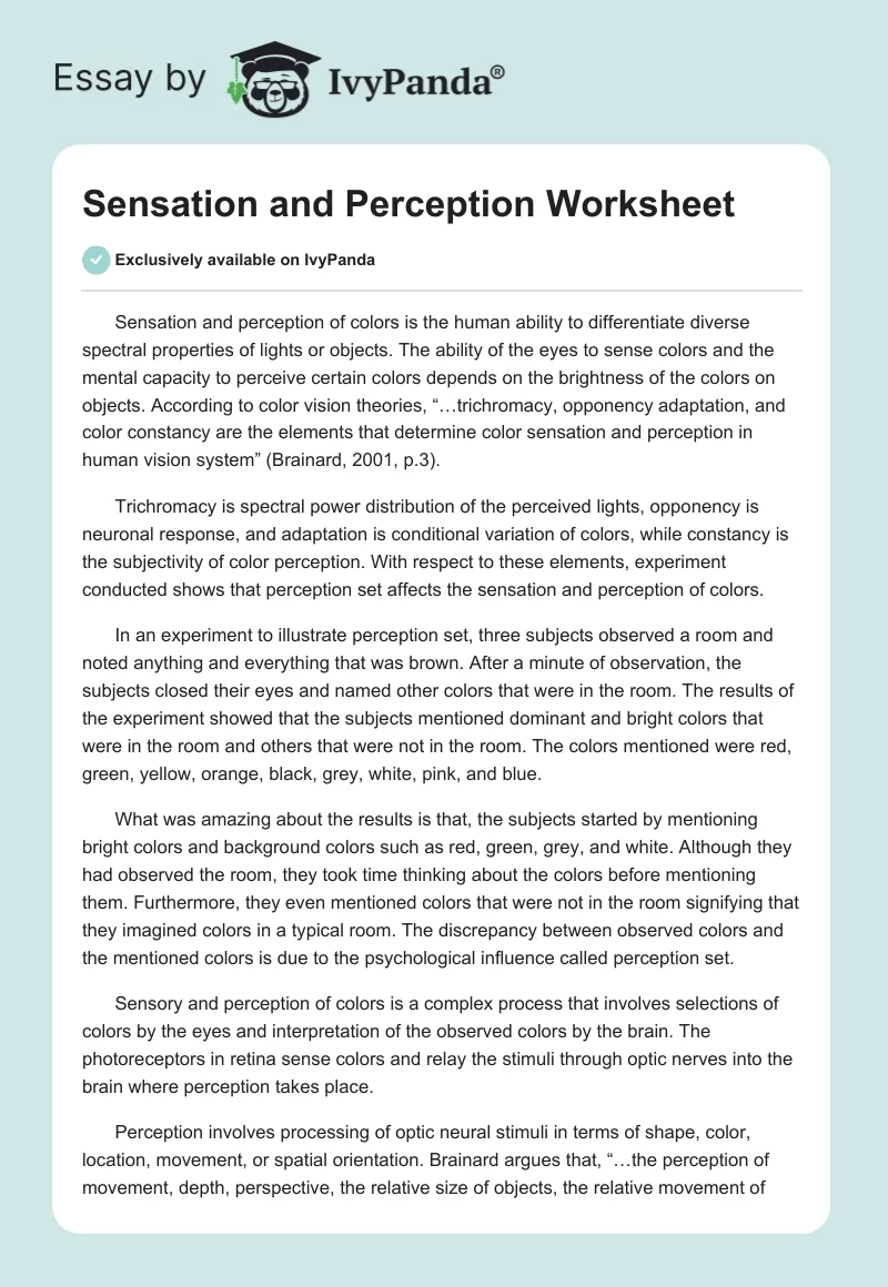Sensation and Perception Worksheet. Page 1