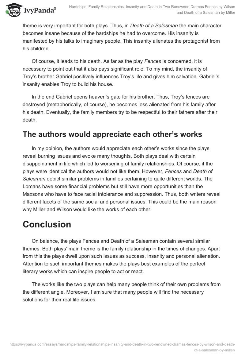 Hardships, Family Relationships, Insanity and Death in Two Renowned Dramas Fences by Wilson and Death of a Salesman by Miller. Page 4