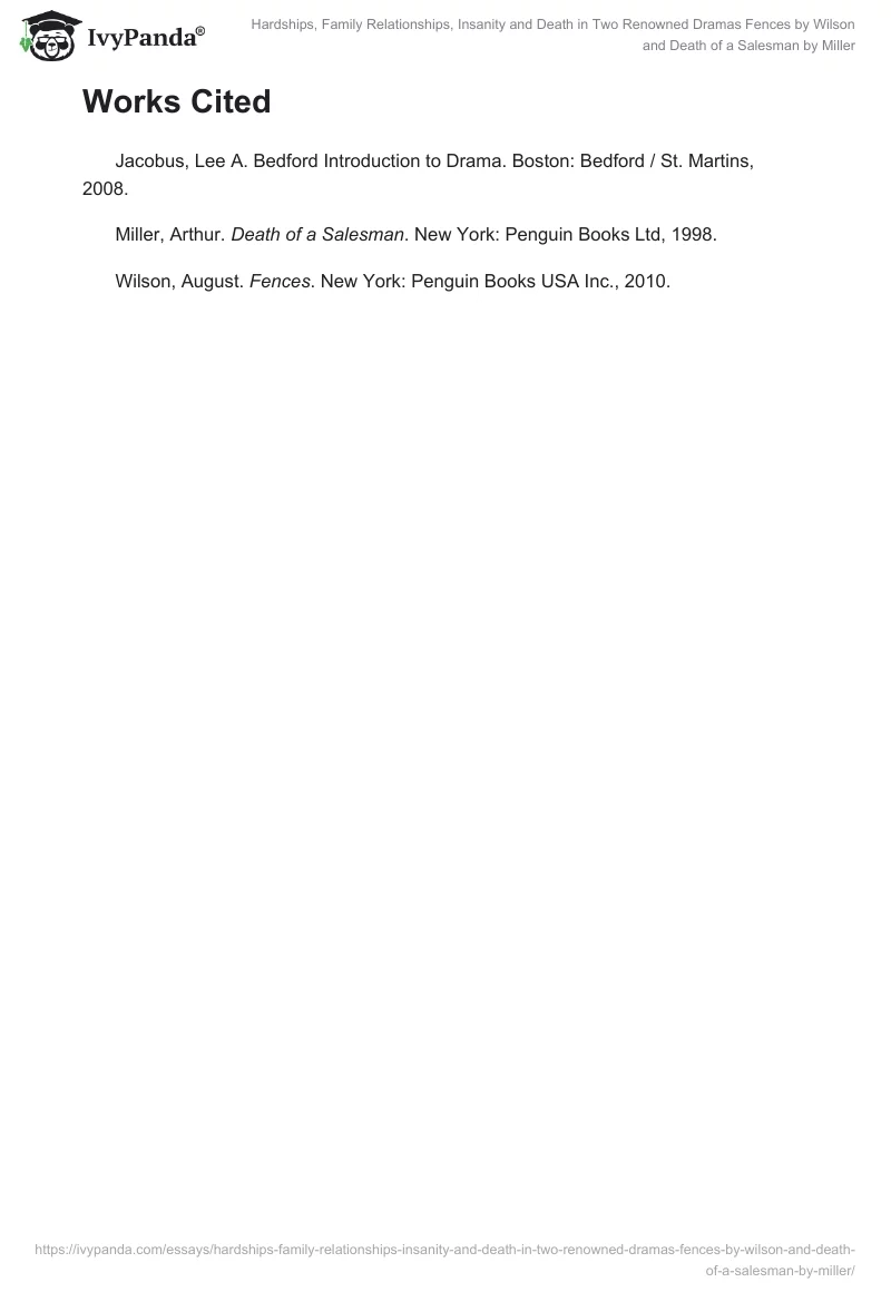 Hardships, Family Relationships, Insanity and Death in Two Renowned Dramas Fences by Wilson and Death of a Salesman by Miller. Page 5