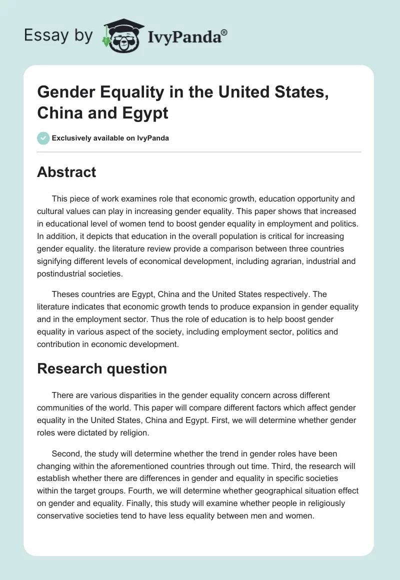 Gender Equality in the United States, China and Egypt. Page 1