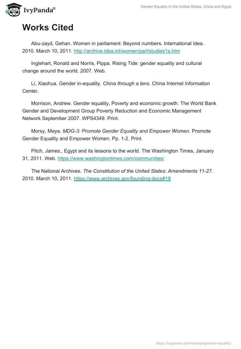Gender Equality in the United States, China and Egypt. Page 5