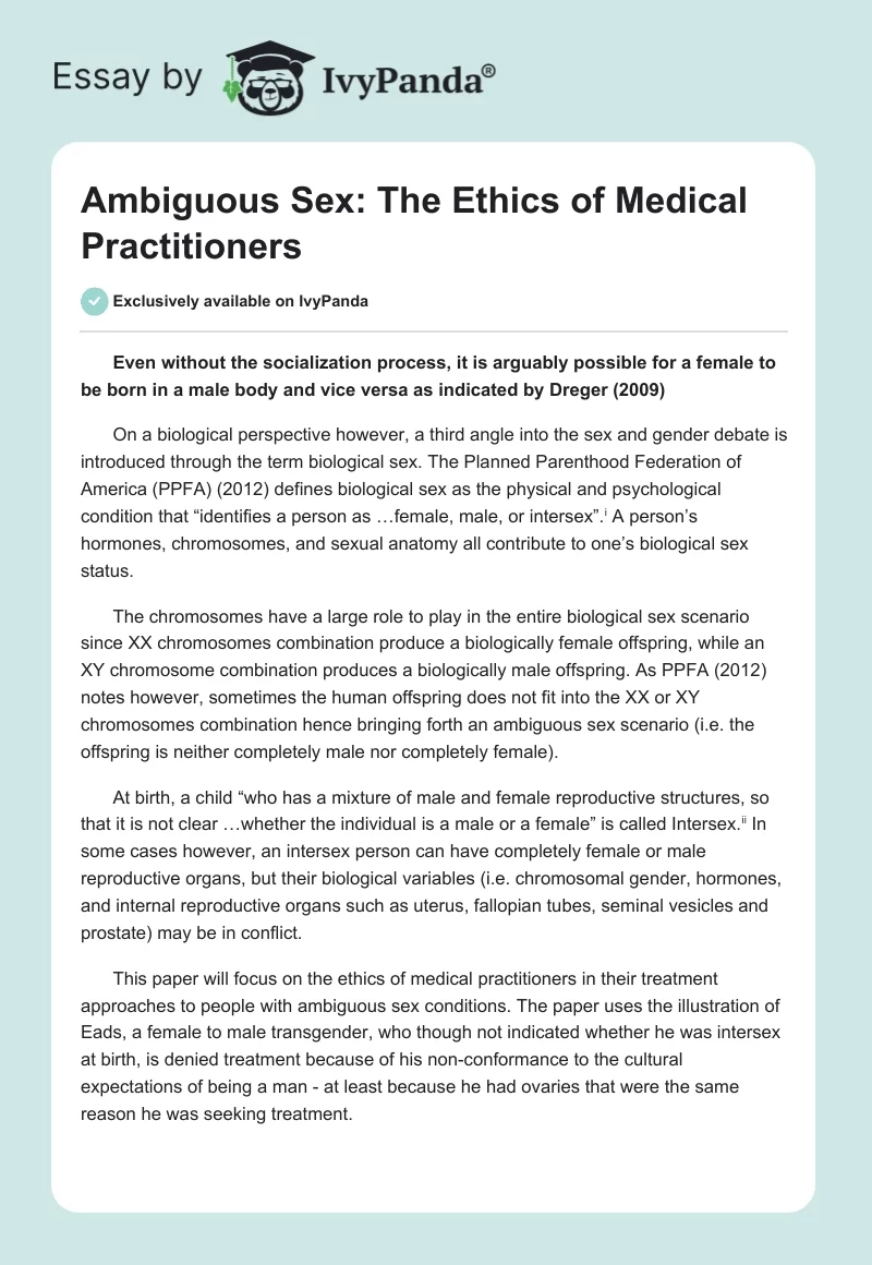 Ambiguous Sex: The Ethics of Medical Practitioners. Page 1