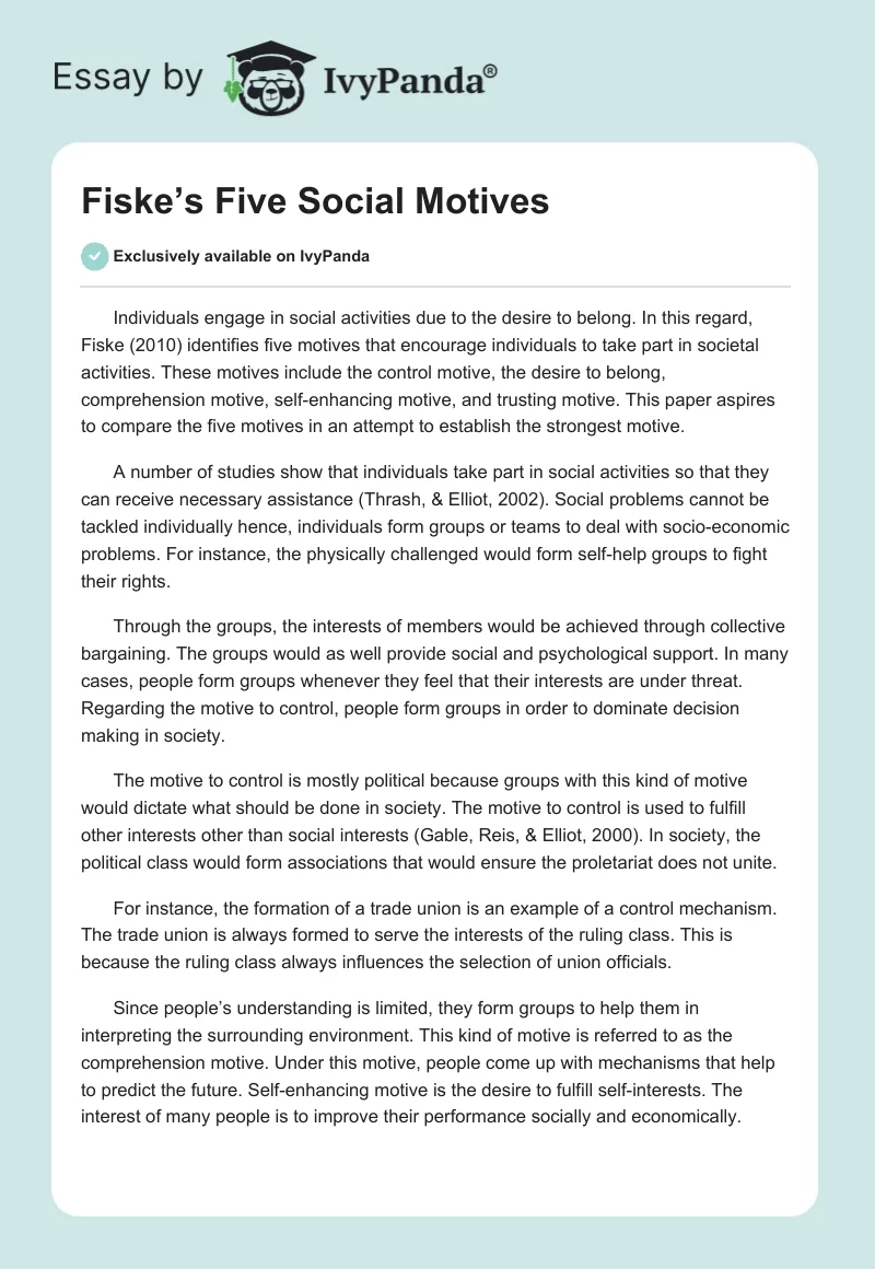 Fiske’s Five Social Motives. Page 1