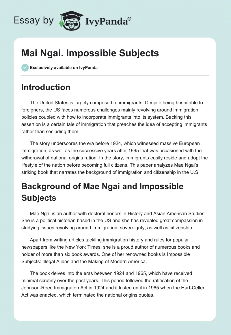 Mai Ngai. Impossible Subjects. Page 1