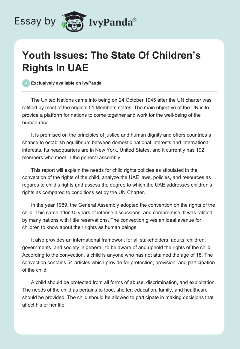 Youth Issues: The State of Children’s Rights in UAE. Page 1