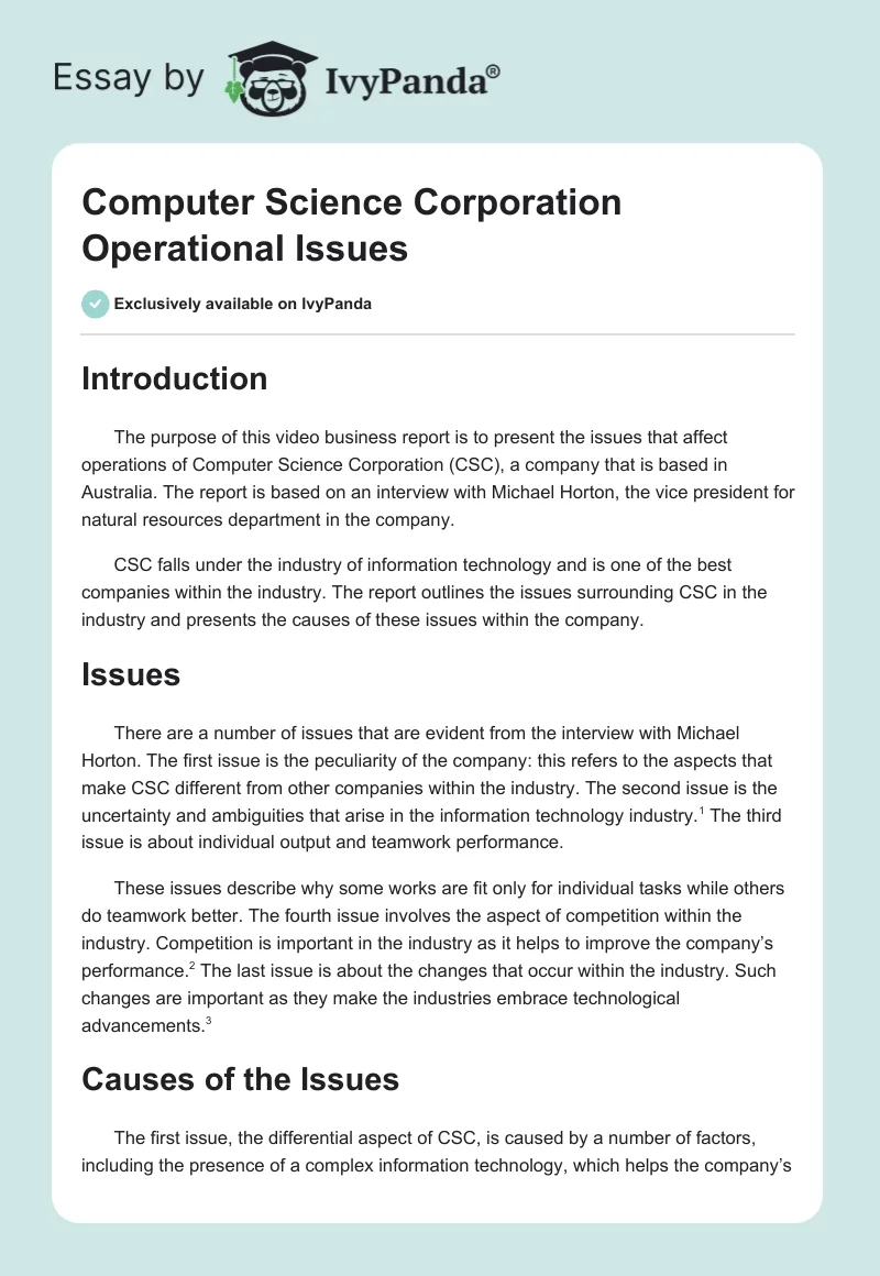 Computer Science Corporation Operational Issues. Page 1