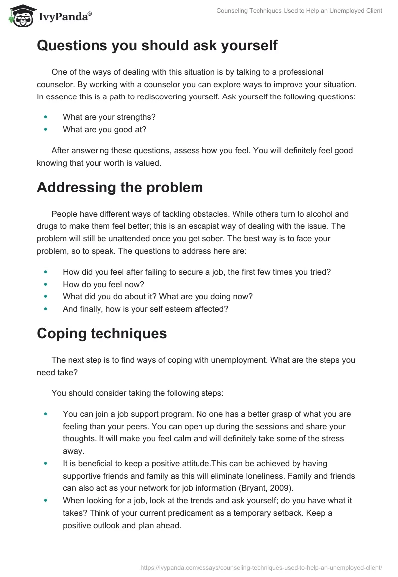 Counseling Techniques Used to Help an Unemployed Client. Page 2