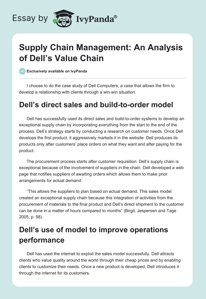 Supply Chain Management: An Analysis of Dell’s Value Chain. Page 1