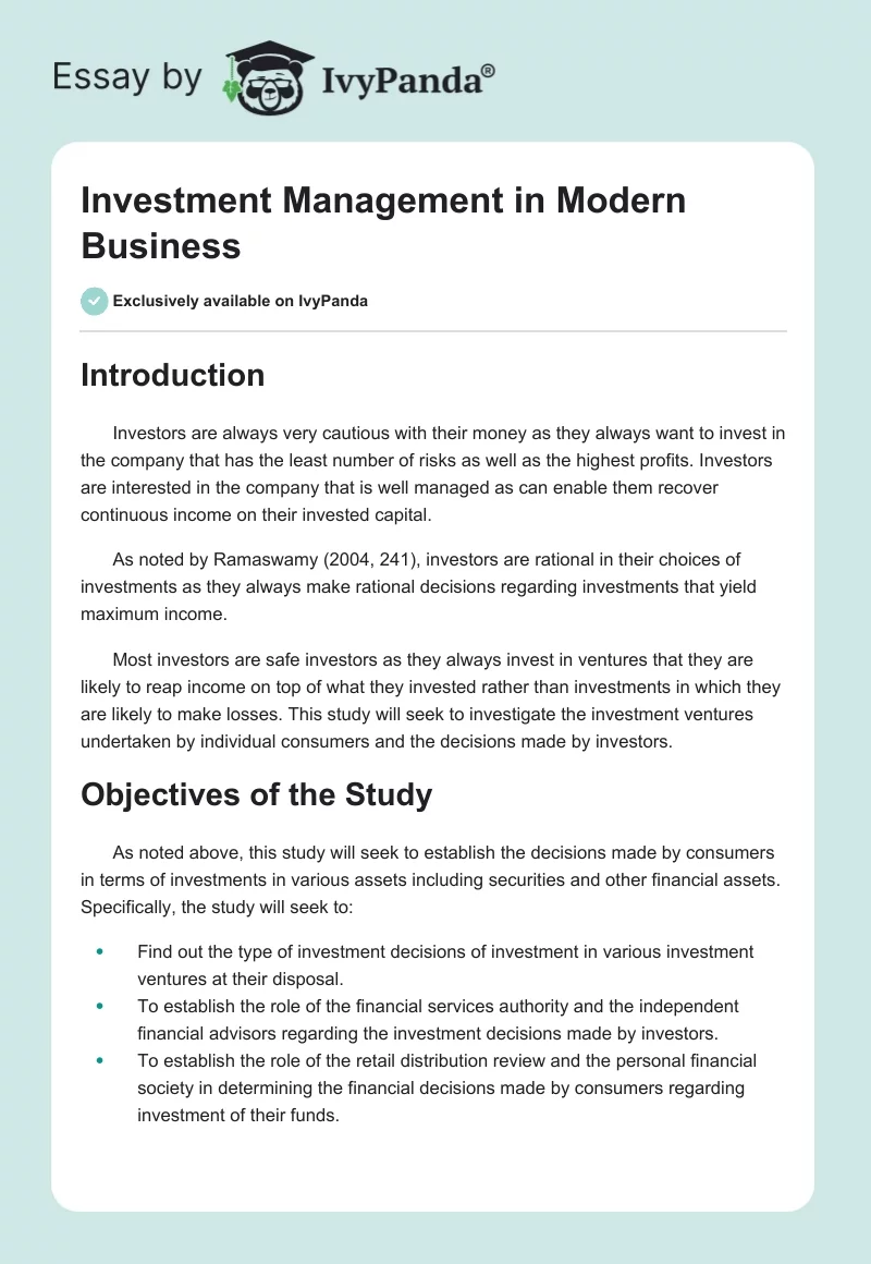 Investment Management in Modern Business. Page 1