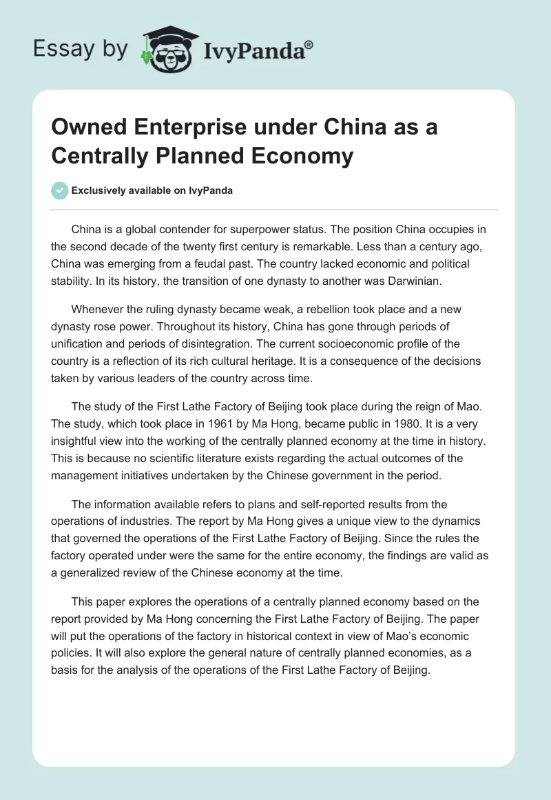 Owned Enterprise under China as a Centrally Planned Economy. Page 1