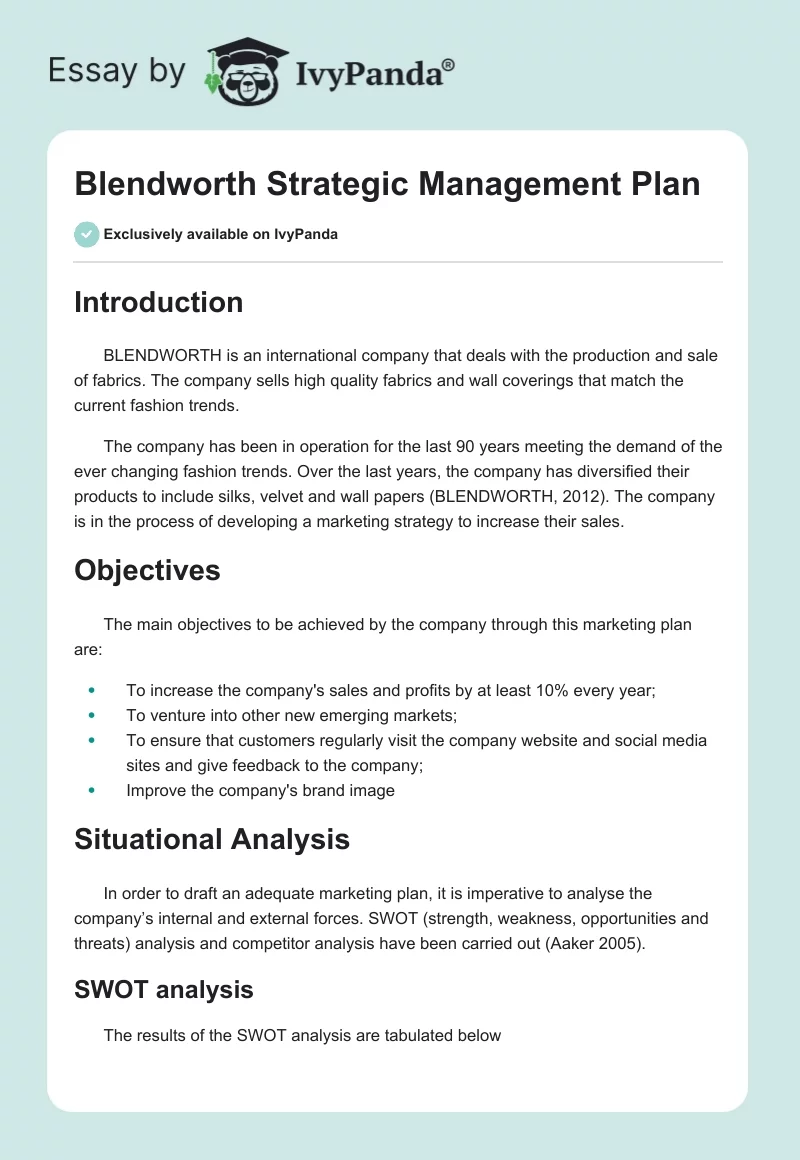 Blendworth Strategic Management Plan. Page 1