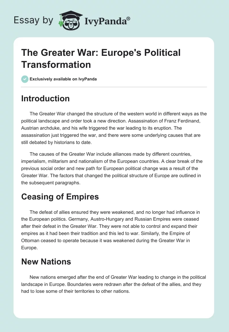 The Greater War: Europe's Political Transformation. Page 1