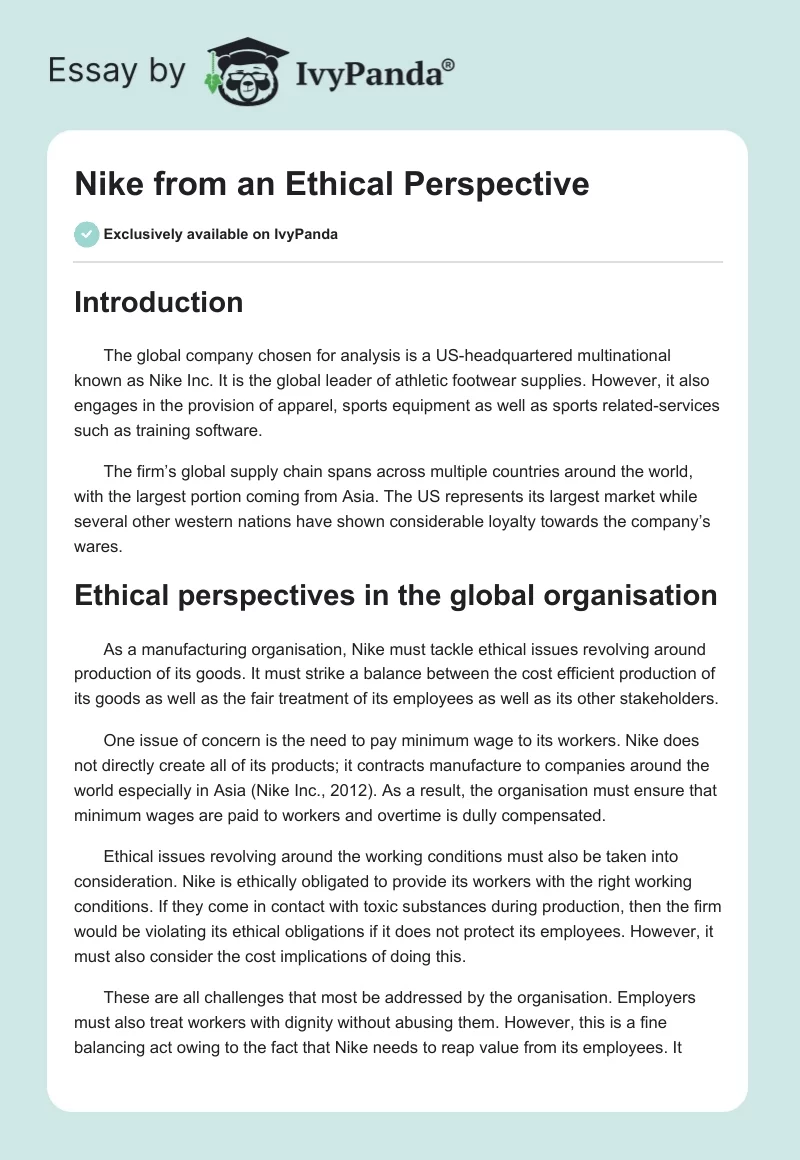 Nike From an Ethical Perspective. Page 1
