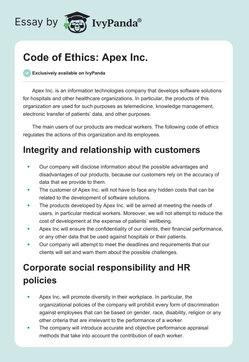Code of Ethics: Apex Inc.. Page 1