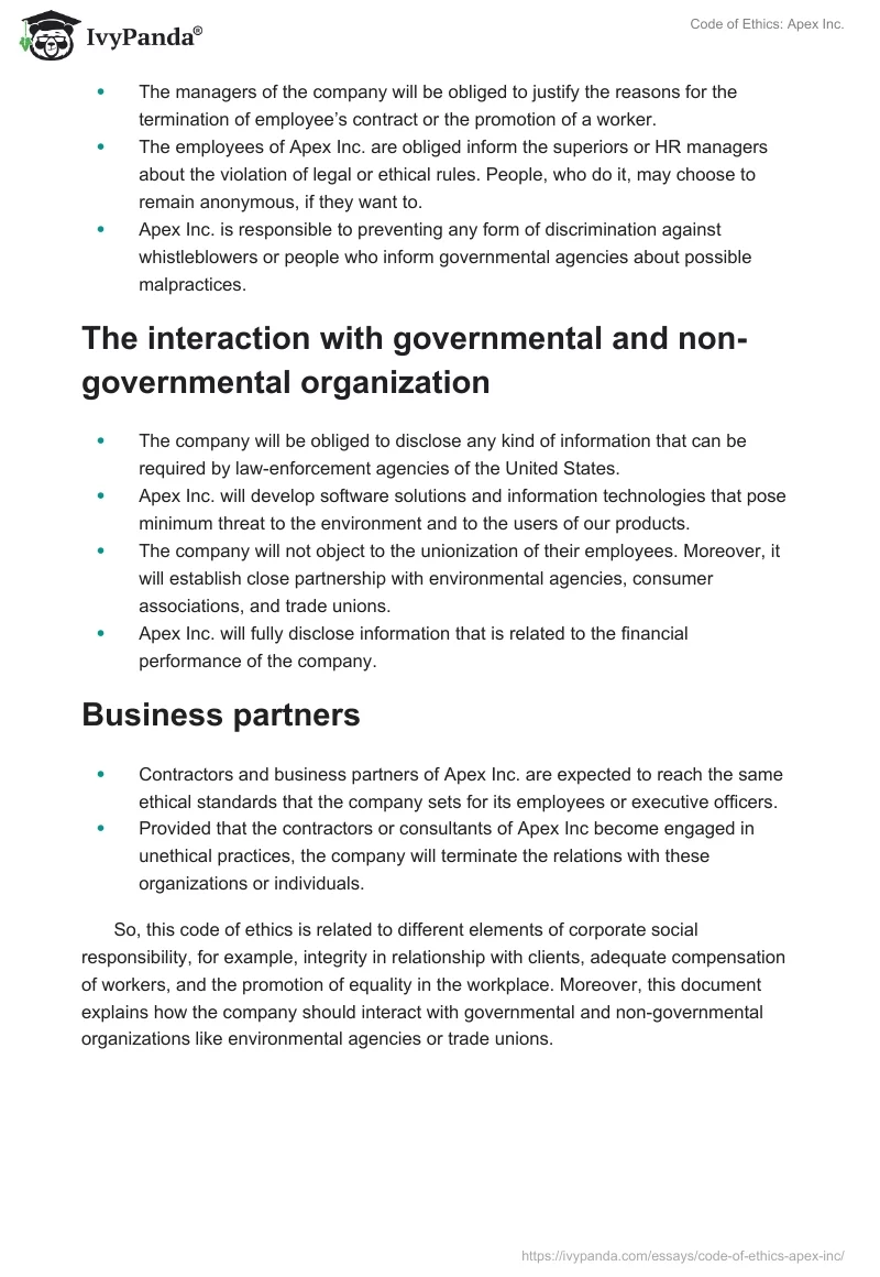 Code of Ethics: Apex Inc.. Page 2